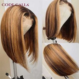 Synthetic Wigs Highlight Wig Ombre Brown Honey Blonde Short Bob Hd t Part Lace Front Pre Plucked s for Wom Human Hair s 230227