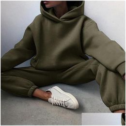Womens Two Piece Pants Tracksuit Suit Autumn Fashion Warm Hoodie Sweatshirts Pieces Oversized Solid Casual Hoody Plovers Long Pant D Dhsko