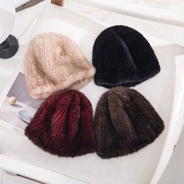 Women's Winter Warm Real Mink Fur Hat Knitted Elastic Beanie Snow Ski Cap Earlaps