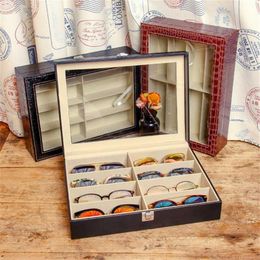 VIVIBEE 8 Storage Black PU Leather Sunglasses Tray Fashion Crocodile Brown Display Case Eyeglasses Carrying Box291T