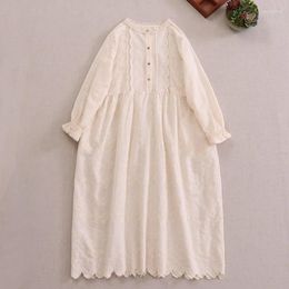 Casual Dresses Cottagecore Retro Chic Embroidery Eyelet Lace Cotton Linen Long Sleeve Midi Dress Vintage Mori Girl Victorian Church Tunic