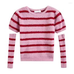 Women's Sweaters Comfortable Plush Fresh Striped Round Neck Pullover Short Sleeve Knit Sweater