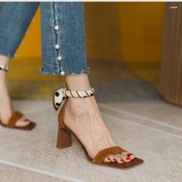 Sandals French High Heels 2023 Suede Leather Ribbon Small Fragrant Wind Open Toe Word With Roman Women's Summer Heel