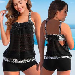 Women's Swimwear 2 Pcs/Set Beach Top Shorts Set Geometric Pattern Hollow Out Lady Loose Breathable Adjustable Straps Bikini
