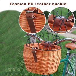 Panniers Bags Bicycle Front Handlebar Basket Handwoven Wicker Pet Cat Dog with Cover Bike Pannier Bag Cycling Accessories 231030