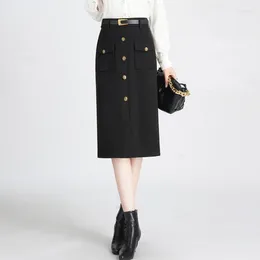 Skirts Pocket Single Breasted High Waist Woolen Bodycon Pencil Skirt Fall Winter Women Elegant Slim Casual Long Office Lady 3696