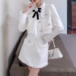 Work Dresses ZAWFL French Vintage Small Fragrance Two Piece Set Women Short Jacket Coat Pleated Tweed Tassel Skirt Suits