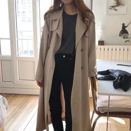 Women's Trench Coats 2023 Korea Khaki Long Women Coat Autumn Winter Turn Down Collar Clothes Causal Full Sleeve Belt Black Windbreaker