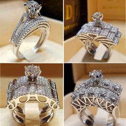 New fashionable ring set with real diamonds inlaid with 100% S925 sterling silver wedding ring for women and men's anniversar228E
