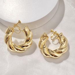 Backs Earrings Trendy Geometric Twisted Thick Hoop Clip Glossy Gold Color Huge Round Non Pierced For Women Punk Jewelry