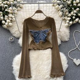 Women's Blouses Elegant Long Sleeve O Neck Vintage Butterfly Knit Pullover Korean Casual Sweater Autumn Women Knitwear Tops