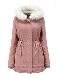 Women's Trench Coats Fashion Ladies Solid Color Drawstring Fleece Parka Coat Women Autumn Winter Hooded White Fur Collar Warm Chic Jacket