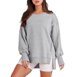 Women's Hoodies Women Long Sleeve Top Solid Colour Crew Neck Oversized Side Slit Sloucthy Pullover Drop Shoulder Streetwear Suit