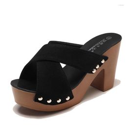 Sandals 2023 Summer Women Square High Heel Platform Flock Casual Rivet Pumps Peep Toe Elegant Ladies Shoes Zapatos De Mujer