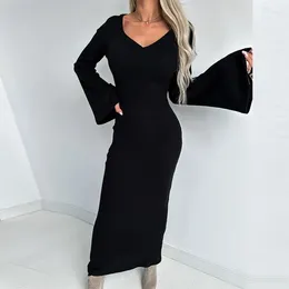 Casual Dresses Women Sexy V-neck Slim Bodycon Hip Dress Autumn Solid Rib Knitted Long Party 2023 Winter Flare Sleeve Boho Maxi