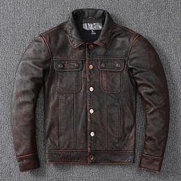 Men's Leather Faux Leather High-end fashion all-match denim leather jacket pure had layer cowhide leather men's stone ground made old American coat 231030