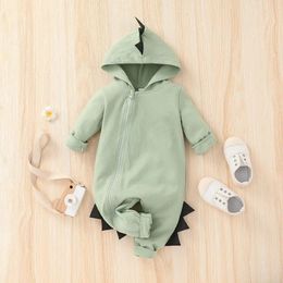 Rompers born Baby Clothes Solid Color Hooded Zipper Jumpsuit Boys Girls Cartoon Dinosaur Costume 231031