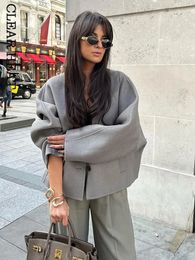 Women s Jackets Female Fashion Grey V Neck Open Stitch Coats Casual Loose Long Sleeve Cropped 2023 Autumn Women High Street Outerwear 231031