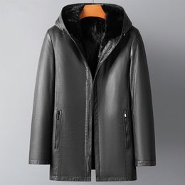 Men Black Jacket With Hood Sheepskin Leather Jackets Winter Fur Coat Thick Warm Windbreakers Outerwear L XL XXL XXXL