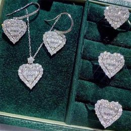 2021 Choucong Cocktail Luxury Jewellery Set 925 Sterling Silver Full T Princess Cut Topaz CZ Diamond Heart Pendant Earring Women Rin256p