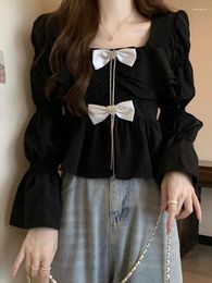 Women's Blouses Black Blouse Women Korean Fashion Sweet Bow Ruffles Shirts Female Autumn French Elegant Square Collar Flare Sleeve Slim Crop