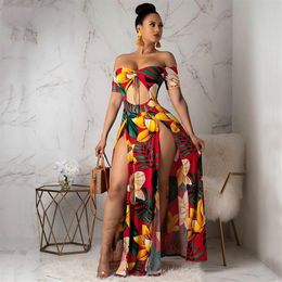 Boho Printed Summer Beach Maxi Dress Strapless Off Shoulder Sexy High Slit Sundress Womens Robe Hollow Out Long Dresses3164