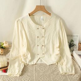 Women's Blouses French Vintage Round Neck Double Breasted Shirt 2023 Autumn Style Stylish Drawstring Short Top Female Clothing