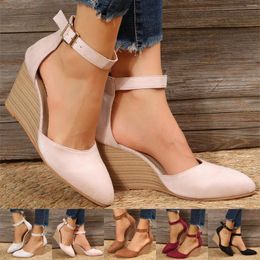 Sandals Ladies Fashion Closed Toe Solid Suede Pointed Wedge Heel Thick Bottom Buckle Flat For Women Size 11