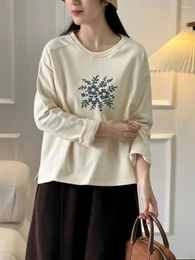 Women's Hoodies Autum Winter Floral Embroidery Sweatshirts Woman Full Sleeve O-Neck Collar Open Folk Sweep Loose Casual Office Lady Tops