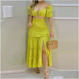 Two Piece Dress Women Elegant Set Outfits O-Ring Crop Top Frill Hem Shirred Slit Maxi Skirt Casual Summer 210521 Drop Delivery Appar Dhysk