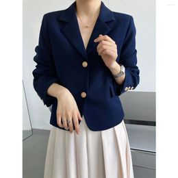 Women's Suits Solid Gold Button Detailed Lapel Up Crop Blazer Blue / Khaki Spring Women Short Jacket