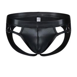 Underpants Gay Men Underwear Leather Cloak Mens Briefs Bikini G-string Thong Sexy Erotic Penis Thongs String Homme266R