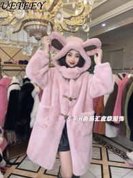 Women's Fur Arrival Women Winter Clothes Cute Bear Ears Mink Mid-Length Coat Female Western Style Horn Button Plush Furry Jacket