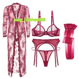 Floral Lace Night Gown 5-Piece Pyjamas Sets Lingerie And Thong Panty Set Women Sexy Underwear Transparent