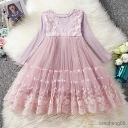 Girl's Dresses 3-8 Years Girl Autumn/Winter Dress Lace Floral Knitting Sleeve Clothes For Little Girls Kids Birthday Party Dresses