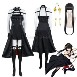 Anime Spy X Family Yor Forger Cosplay Gothic Halter Black Dress Leather Stocking Outfit Costume Earring Long Hair Women Clothes