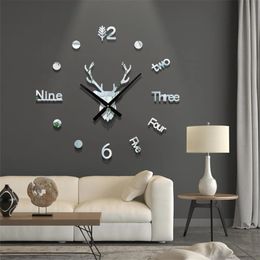 Wall Clocks Large Deer Head Acrylic Mirror Clock Sticker Quartz Watch Home Decoration Living Room 231030