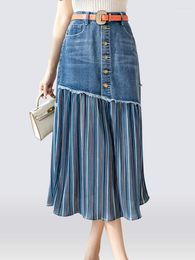 Skirts S-5XL Patchwork Pleated Jeans Women High Waist Ripped Vintage Elegant Korean Fashion Denim Big Size KS10294