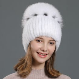 Women's Real Mink Fur Hat Knitted Cap Beanie Ski Warm Outdoor Skull Hat W Fox Ball Pompom