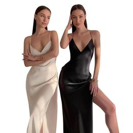 Casual Dresses 2021 Summer Evening Dress Women Camisole High Split Maxi Bodycon Skinny Sexy Backless Black Straps Elegant Party Wo227x