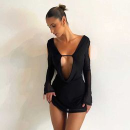 Urban Sexy Dresses Autumn New Spice Girl Hollow Slim Strapless Longsleeved Mesh Bag Hip Dress Female Elegant Party Club Clothing Vestidos