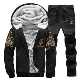 Mens Tracksuits Winter Thick Fleece Sports Suit Tracksuit Hooded Zipper Jackets Woollen Trousers Pants Casual Men Set 231031