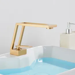 Bathroom Sink Faucets Vidric Nordic Style Basin Faucet Square Hollow-Carved Design Brushed Gold Deck Mounted Cold Mixer Ta