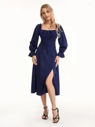 Casual Dresses Women S Fall Long Sleeve Dress Square Neck Ruched Tie Up Flowy Midi Party Club
