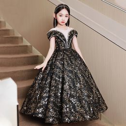 2023 black gold shiny Flower Girl Dresses Teenager Wedding Communion pearls necklace beaded tassels Children Clothes frist holy conmunion dress Birthday Outfits