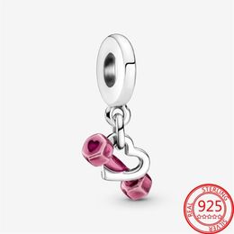 Other 100% 925 Sterling Silver Pink Dumbbell & Heart Dangle Charm Fit 3mm Bracelet S925 DIY Jewellery Gift Girl270S