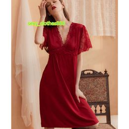 Wholesale Night Sleeping Dress Sexy V-Neck Satin Short Sleeves Pajamas Ice Silk Lace Womens Lounge Wear Night Gown For Ladies