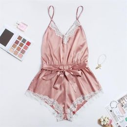 Pijamas Women Sleepwear Lingerie New Fashion Sexy Bodysuit Jumpsuit Lace Satin Silk Sleepwear Lingerie Underwear Pijama Mujer1164E