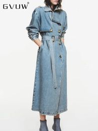 Women s Trench Coats GVUW Mid length Denim For Women Belt On Waist Loose Lapel Double Breasted Jean Windbreaker Female 2023 Autumn 17G1971 231031