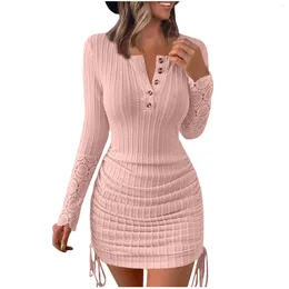 Casual Dresses 2023 Women'S Fashion Round Neck Lace Long Sleeve Button Neckline Drawstring Bottom Sexy Tight Dress Ropa De Mujer